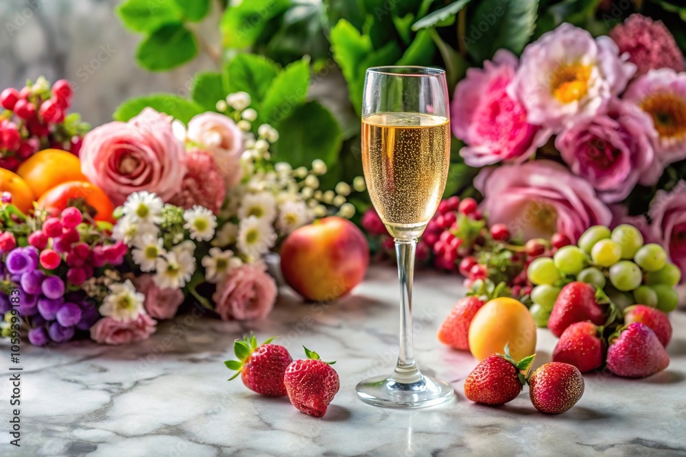 A glass of bubbly wine on a marble table surrounded by fresh fruit and flowers, marbled surface, sparkling wine A glass of bubbly wine on a marble table surrounded by fresh fruit and flowers, marbled surface, sparkling wine