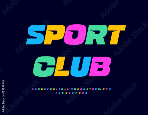Vector colorful emblem Sport Club. Bright Digital Font. Trendy Bright Alphabet Letters and Numbers set.