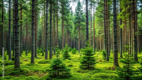 A group of pine trees forming a dense thicket in the forest floor, nature, evergreen, greenery, forest