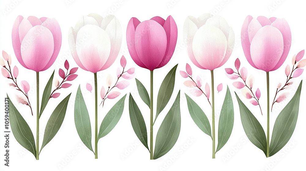 Pink and white tulips with green leaves and buds on white background Pink and white tulips with green leaves and buds on white background