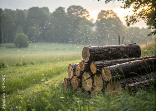 Pile of Logs in a Wet Field with Bokeh Effect for Nature Photography