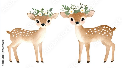  Deer standing in white background with flower crowns