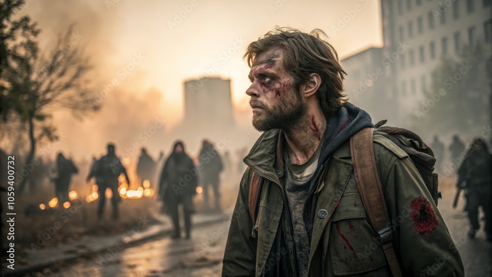 Survivor in desolate urban landscape during apocalypse Survivor in desolate urban landscape during apocalypse