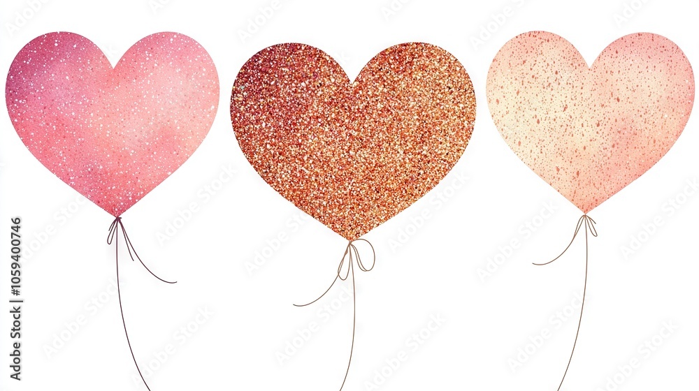 A trio of heart-shaped balloons strung together against a white backdrop A trio of heart-shaped balloons strung together against a white backdrop