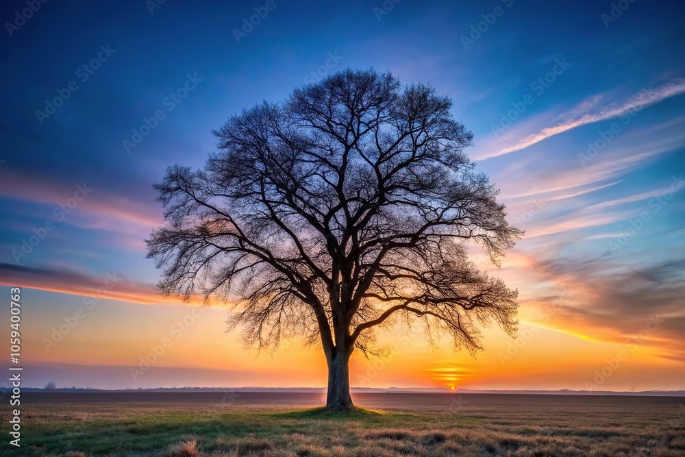 A lone tree stands tall with its branches stretching towards the fading light of dusk, silhouette, pink shades A lone tree stands tall with its branches stretching towards the fading light of dusk, silhouette, pink shades