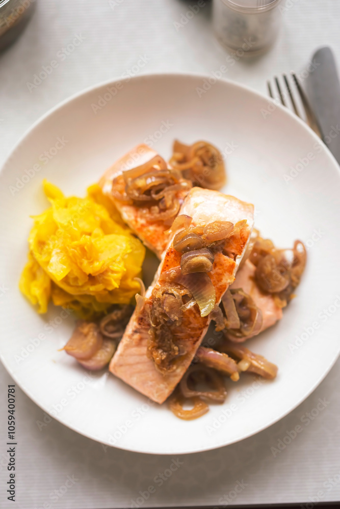 Salmon with shallot ginger sauce, served with kimchi Salmon with shallot ginger sauce, served with kimchi