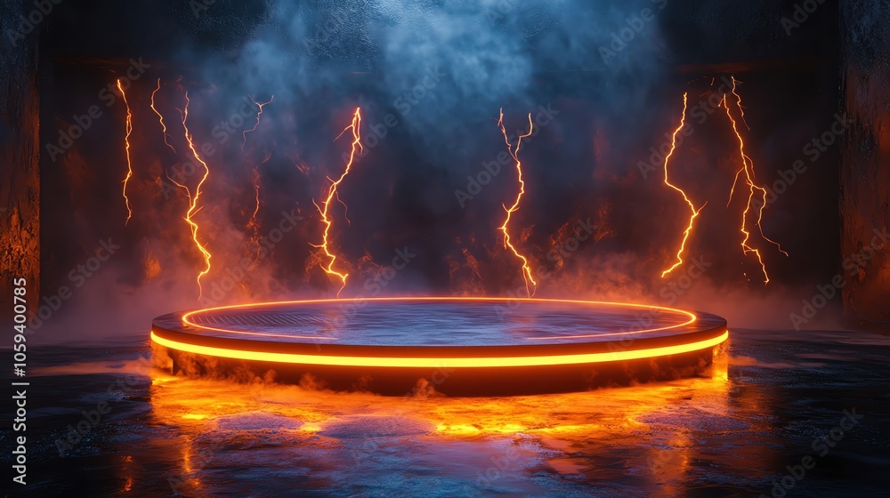 A futuristic circular platform illuminated by fiery orange light amidst dark smoky surroundings. A futuristic circular platform illuminated by fiery orange light amidst dark smoky surroundings.