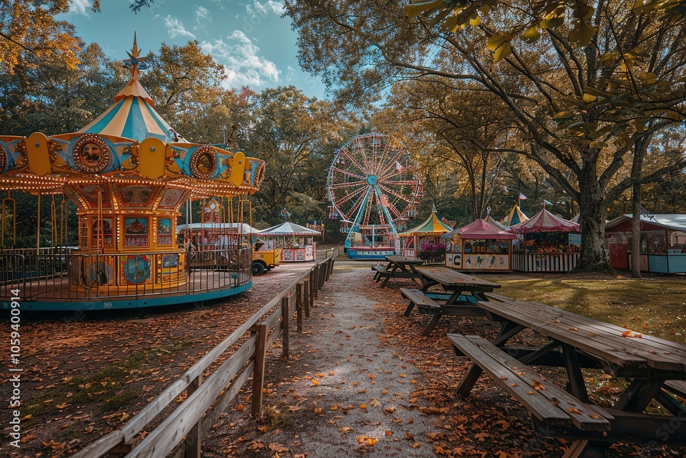 Fototapeta premium A park with a lot of carousels and a lot of tables