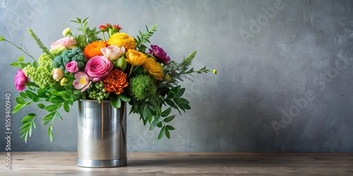 A lush bunch of fresh greenery and colorful flowers arranged in a elegant silver vase with a modern minimalist aesthetic, contemporary chic, sleek design photo