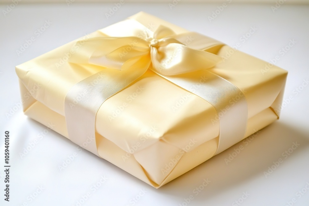 Elegant cream colored gift with satin bow on white. Elegant cream colored gift with satin bow on white.