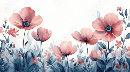 Delicate watercolor illustration of pink poppies in soft, muted tones. perfect for backgrounds, wallpaper, decor, or nature-inspired designs.