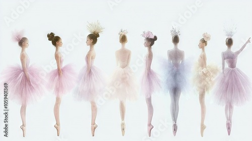  A group of ballerinas in coordinating pink and purple tutus and tiaras