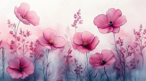 Delicate watercolor illustration of pink poppies in soft, muted tones. perfect for backgrounds, wallpaper, decor, or nature-inspired designs.