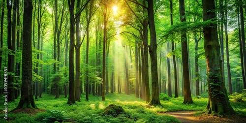 A lush green forest with tall trees and vibrant foliage on a serene background, foliage, trees