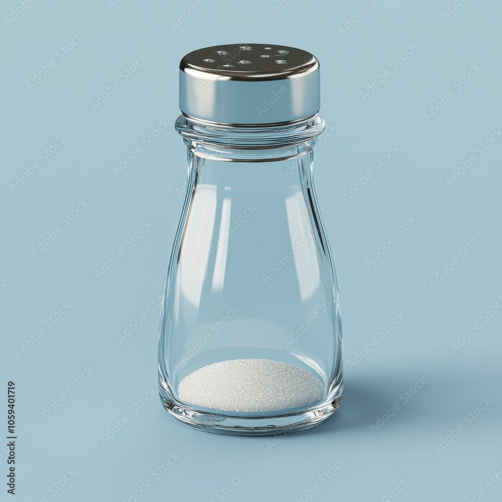 Clear Glass Salt Shaker on Blue Background Clear Glass Salt Shaker on Blue Background