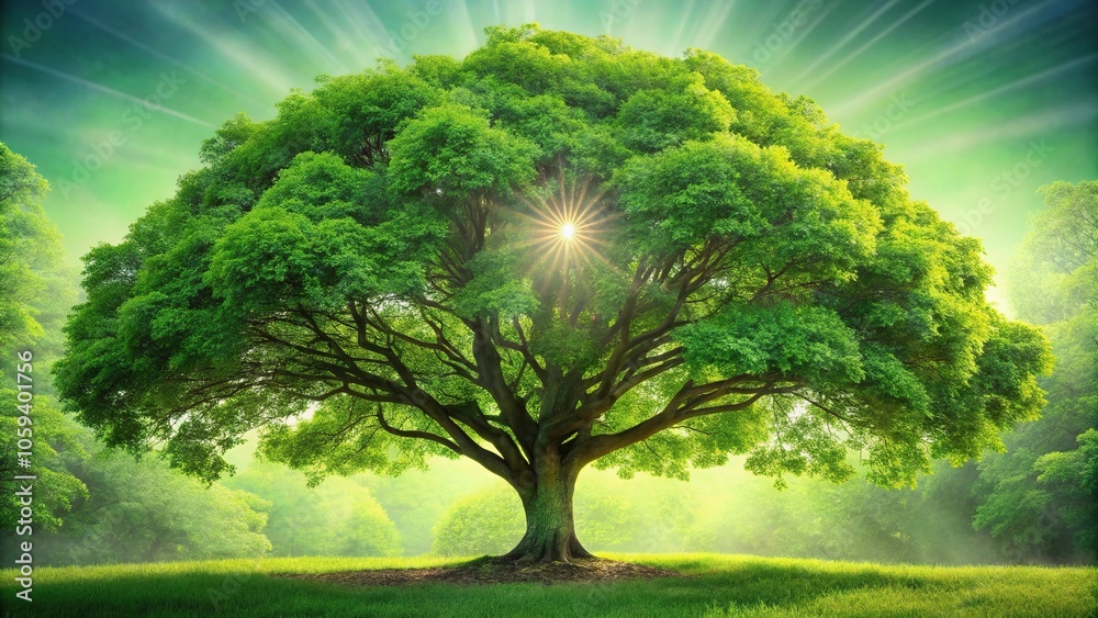 A lush tree with vibrant green leaves and a sturdy trunk, surrounded by a halo of soft light, greenery, botanical, plant, root system, forest A lush tree with vibrant green leaves and a sturdy trunk, surrounded by a halo of soft light, greenery, botanical, plant, root system, forest
