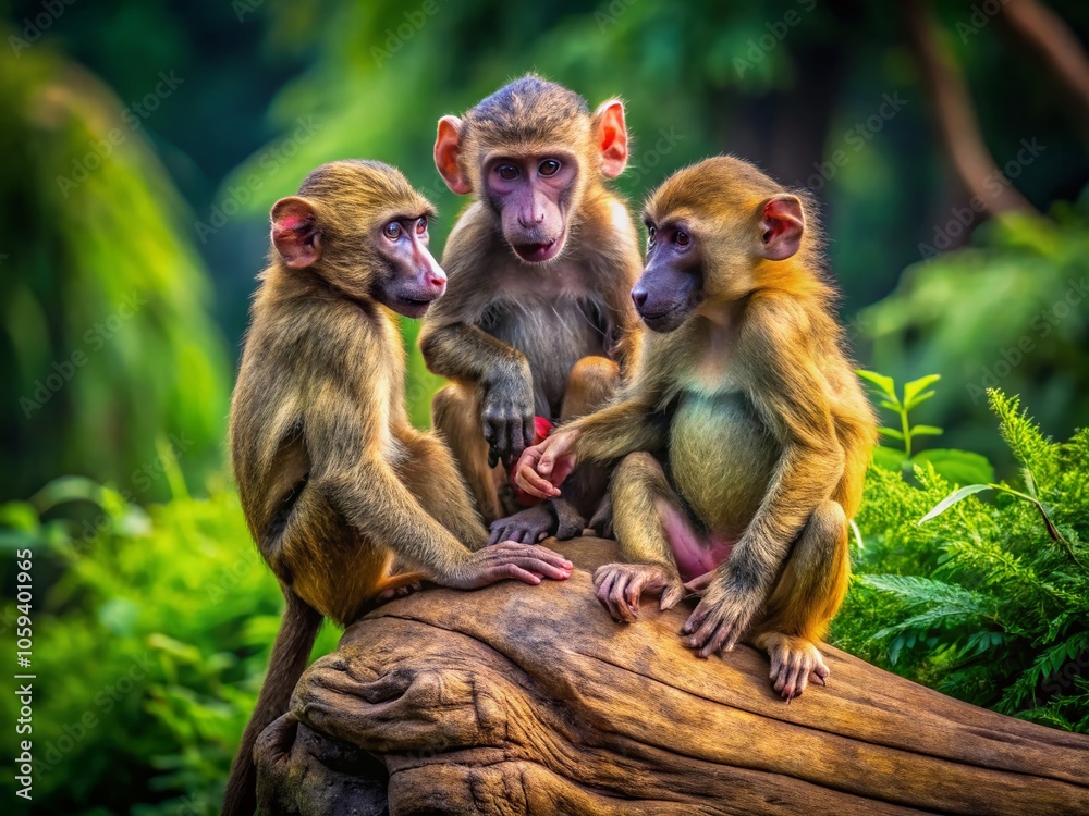 Fototapeta premium Playful Baboons in Nature: Candid Moments of Three Young Baboons Playing on a Tree Stump in Their Natural Habitat Capturing the Joy of Wildlife in Action