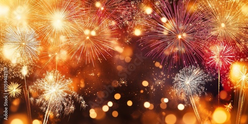 Bright fireworks display with golden bokeh lights. photo