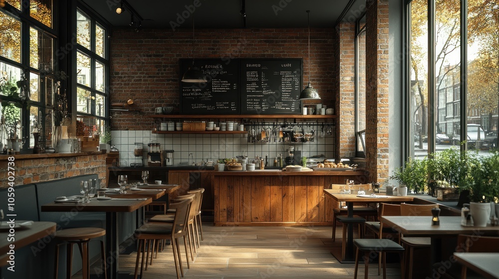 Fototapeta premium A modern cafe with exposed brick walls, wooden tables and chairs, and a large window looking out onto a street scene.