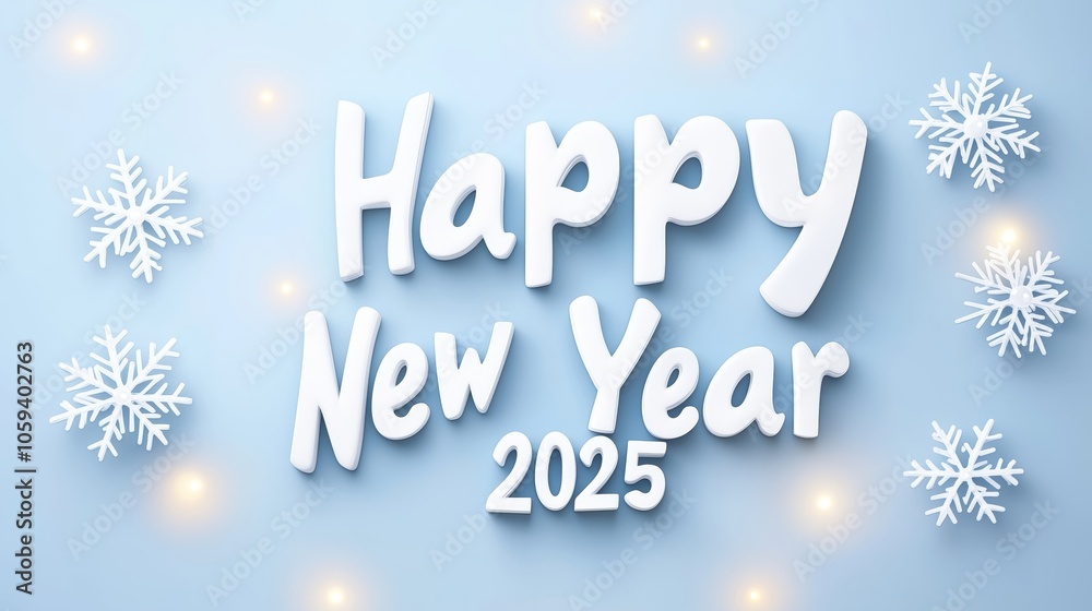 Elegant 'Happy New Year 2025' script with snowflakes and soft bokeh lights, winter theme, warm and festive atmosphere