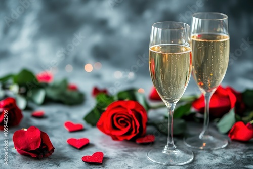 Valentines dating table setting red roses and champagne glasses on concrete background. Valentine 's greeting card - Image with generative ai