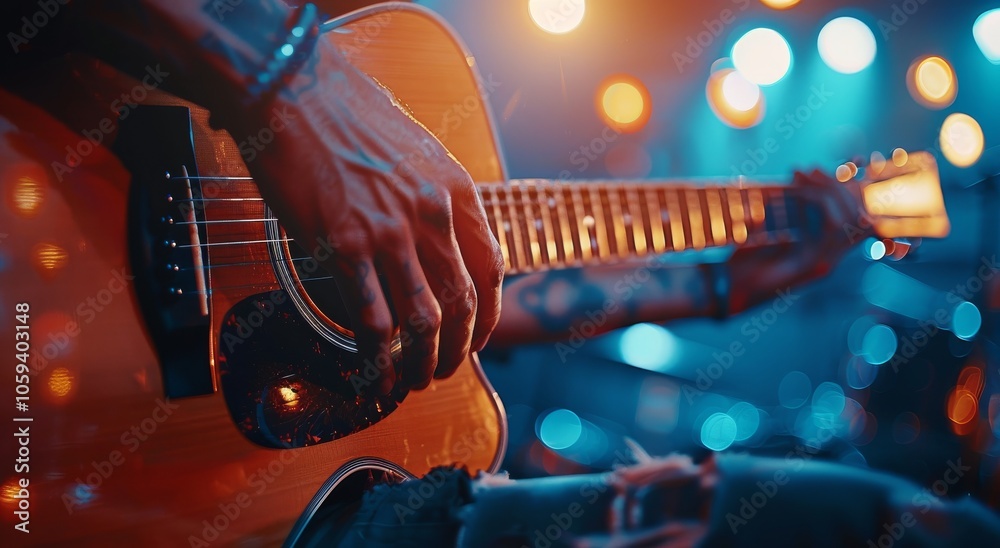 Obraz premium Close Up Of A Guitarists Hand Playing An Acoustic Guitar On Stage Under Stage Lights