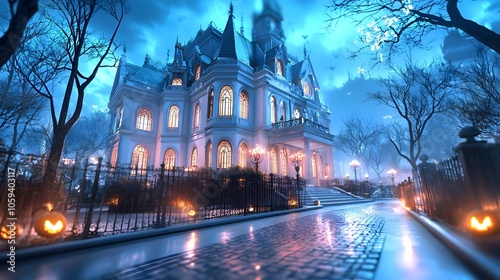 Haunted Mansion with Glowing Windows and Creepy Trees on Spooky Halloween Night