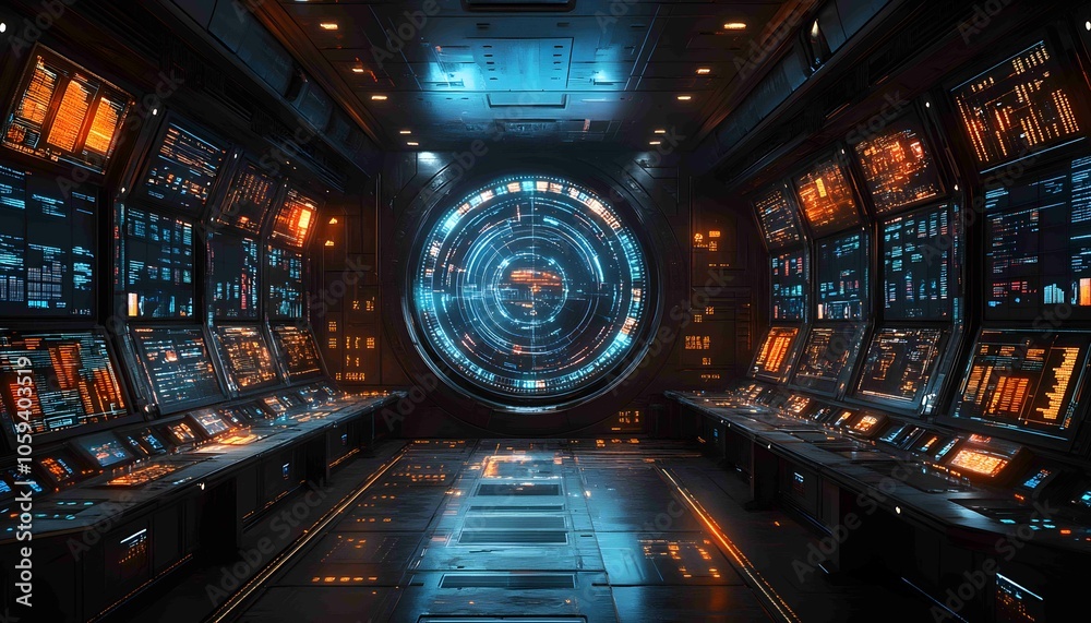 Fototapeta premium Data-Driven Business Command Center, futuristic command center filled with holographic displays of market data, performance KPIs,