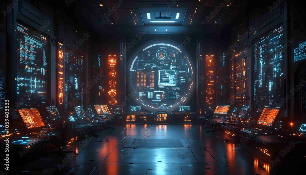 Obraz premium Data-Driven Business Command Center, futuristic command center filled with holographic displays of market data, performance KPIs,