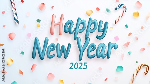 Happy New Year 2025 in watercolor calligraphy with pastel colors, confetti overlay, soft and cheerful holiday feel photo