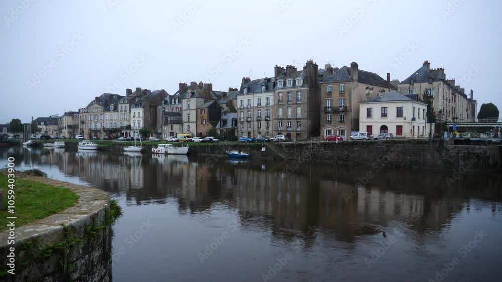 A view of the quayside and the Vilaine River. Redon, France - October 31, 2024 A view of the quayside and the Vilaine River. Redon, France - October 31, 2024
