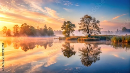 A misty morning scene with water reflecting the soft hues of sunrise over a tranquil lake, sunrise, water
