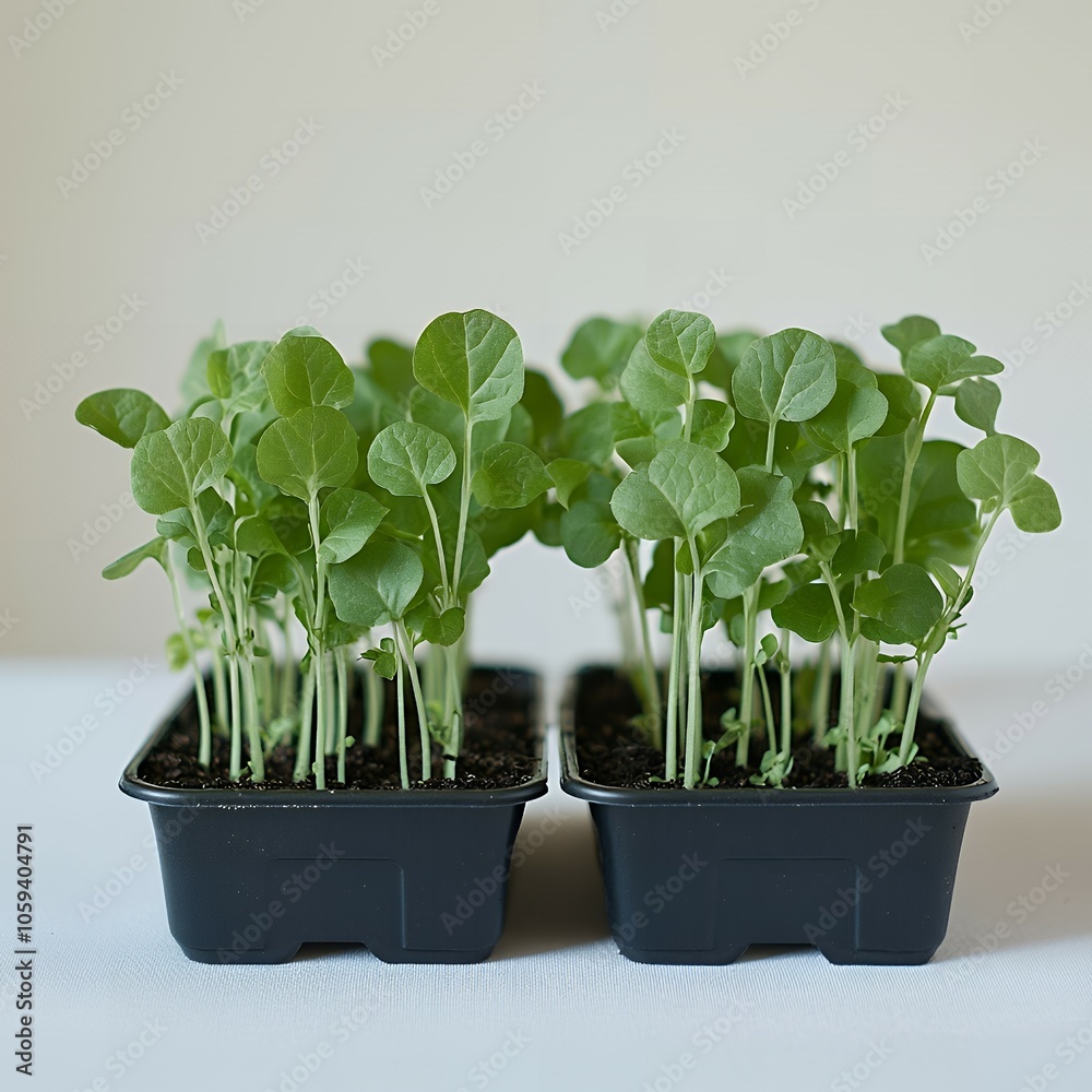 Two black trays of fresh green seedlings. Two black trays of fresh green seedlings.