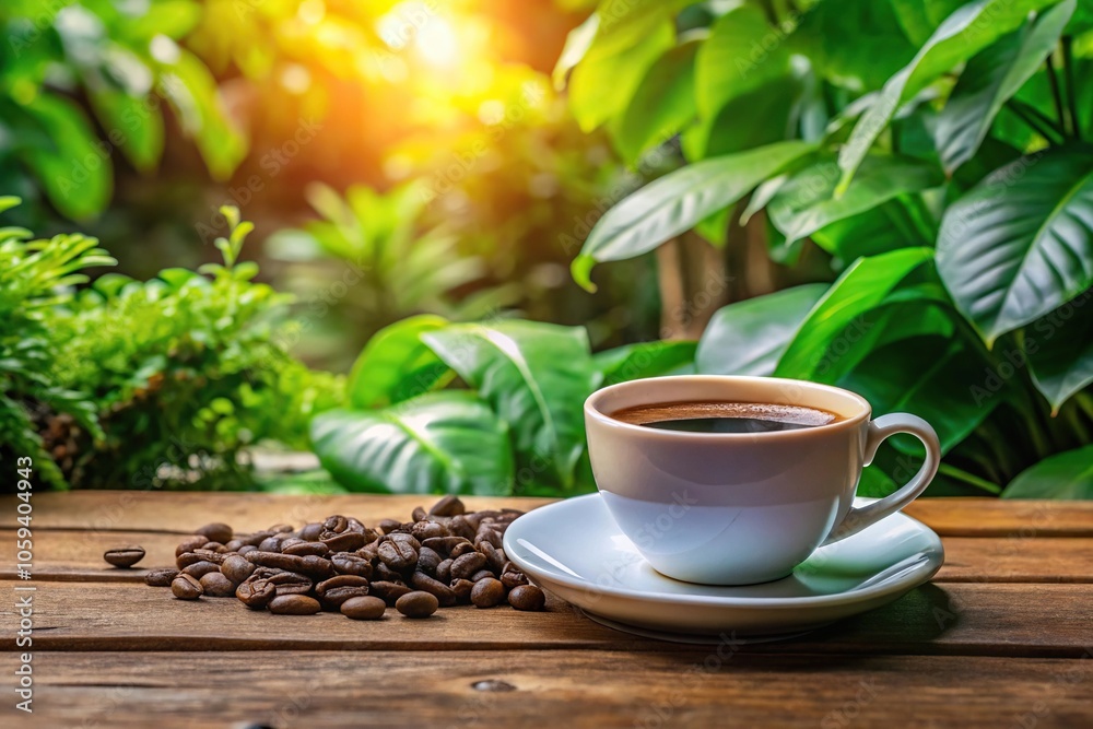 A richly brewed cup of coffee sitting on a wooden table, surrounded by lush green plants and natural elements, coffee, home A richly brewed cup of coffee sitting on a wooden table, surrounded by lush green plants and natural elements, coffee, home