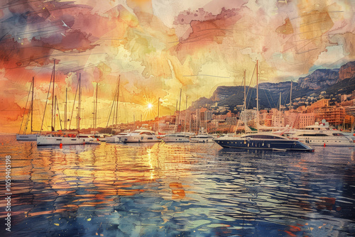 A painting of a harbor with many boats and a sunset in the background