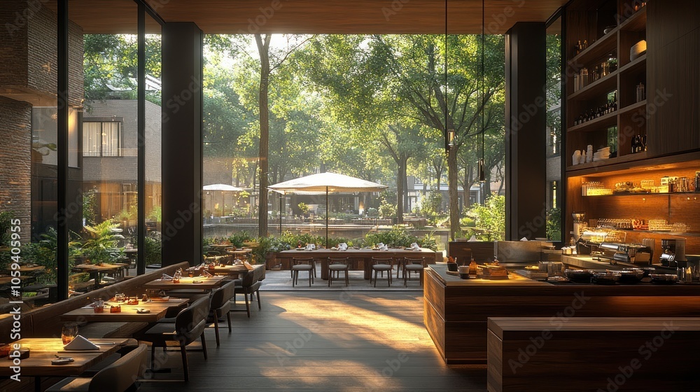 Fototapeta premium A modern cafe with large windows looking out onto a lush green courtyard.