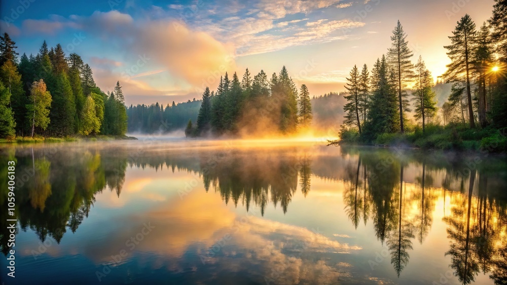 Obraz premium A serene lake at dawn with mist rising from the water's surface, surrounded by tall trees and lush greenery, calm, tranquility, reflection, peaceful, outdoor scene