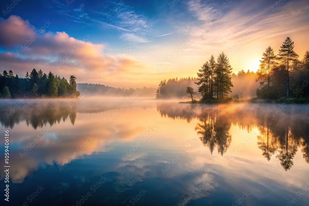 Fototapeta premium A serene lake at dawn with misty fog rising from the water's surface, lakeside, cloud cover