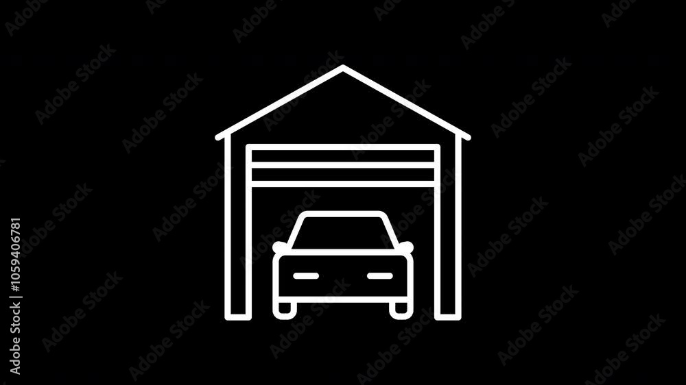 Home garage door opens animated line icon. White color line icon animation. 4K video with transparent background