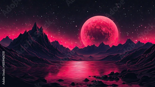 A pink moon hangs over a mountain range and a still lake in a surreal, otherworldly landscape.