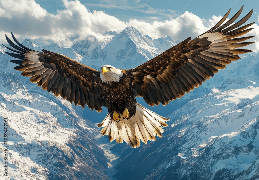 A majestic eagle is soaring through the sky above a snowy mountain range. Concept of freedom and power, as the eagle effortlessly glides through the air A majestic eagle is soaring through the sky above a snowy mountain range. Concept of freedom and power, as the eagle effortlessly glides through the air