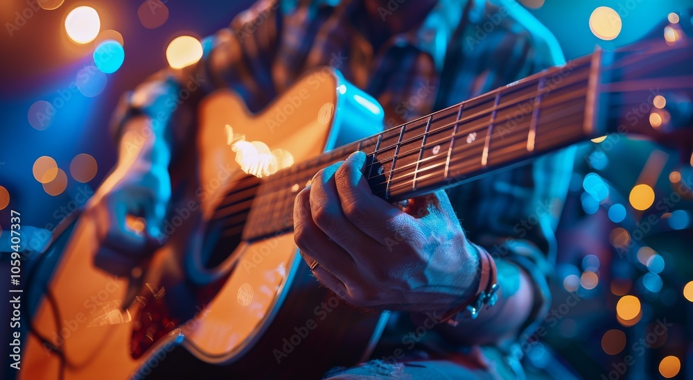 Obraz premium Close Up Of A Guitarists Hand Playing An Acoustic Guitar On Stage Under Stage Lights