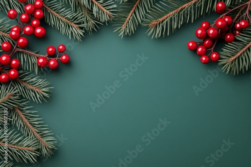 Festive holiday sale features 70 percent discount on deep green background with pine branches and red holly berries photo