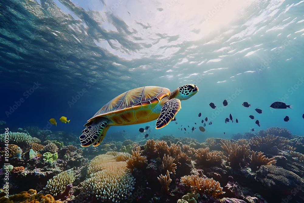 Fototapeta premium sea turtle and coral reef underwater in the ocean habitat, representing tropical fish and aquatic animals