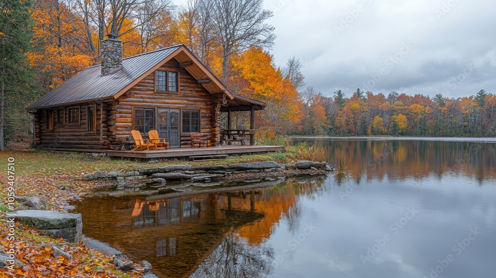 Fototapeta premium Serene Rustic Cabin by Calm Lake in Autumn