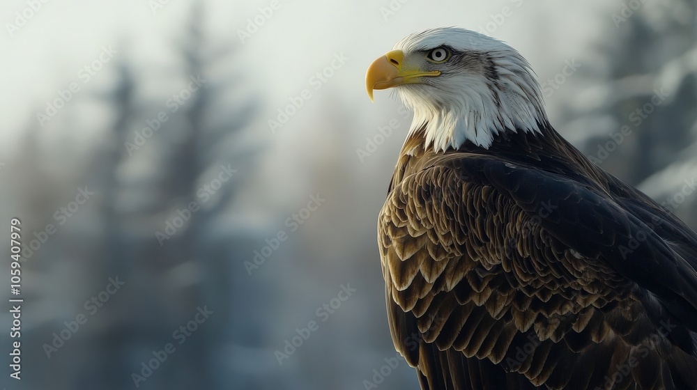 Obraz premium A bald eagle is perched on a snowy branch. Concept of strength and majesty, as the eagle stands tall and proud in its natural habitat. The snowy background adds a sense of tranquility