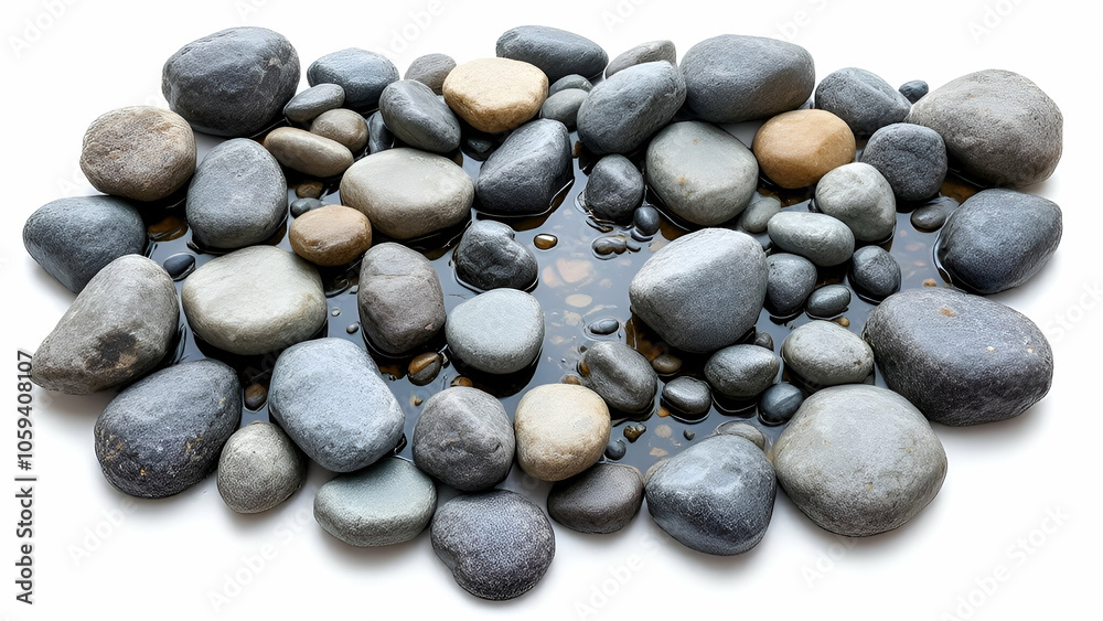 River Rocks in Puddle on White Background River Rocks in Puddle on White Background