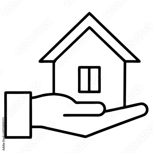 Outline of a hand holding a simple house symbolizing home ownership and real estate