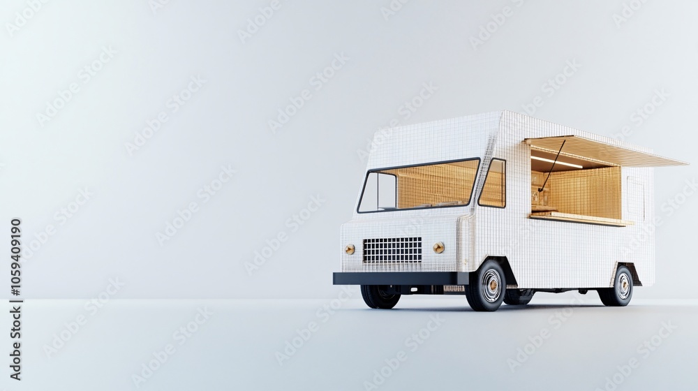 Fototapeta premium A white food truck with the serving window open, isolated on a white background. Generative ai