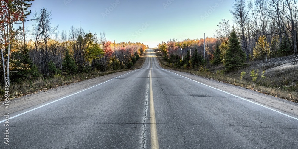Scenic Country Road Surrounded by Vibrant Fall Foliage in Ontario's Forests Scenic Country Road Surrounded by Vibrant Fall Foliage in Ontario's Forests